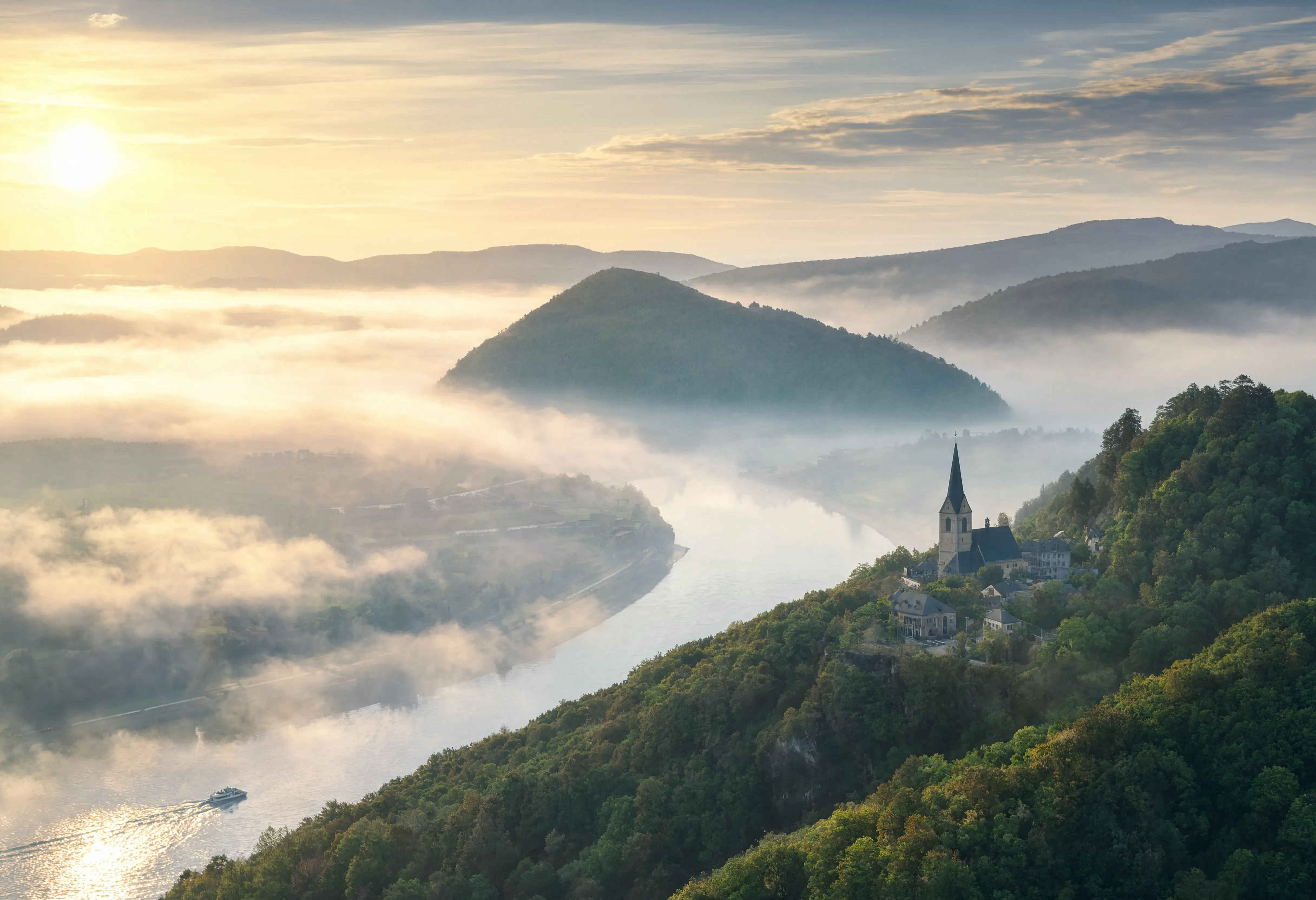 Deutsches Tal mit Morgennebel, Weinbergen und historischen Dörfern